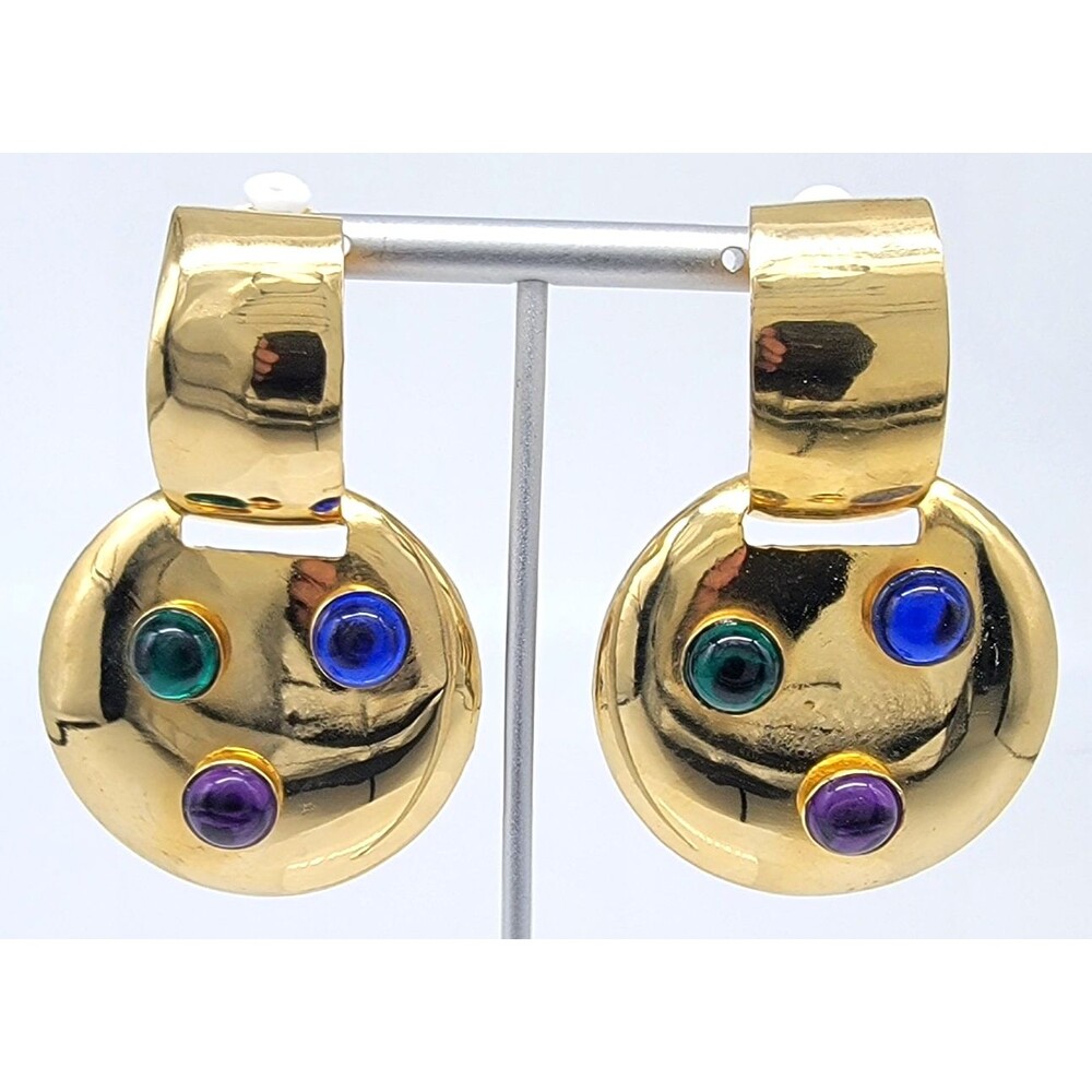 Les Bernard Clip On Earrings Gold Tone Gripoix Style Rhinestone Cabochon Vintage